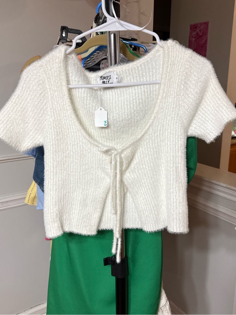 Princess Polly Cream Fuzzy Tie-Front Crop Top